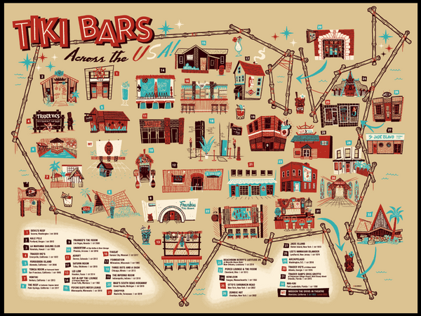 Ian Glaubinger "Tiki Bars Across the USA (Mission Tiki Drive Variant)" Print